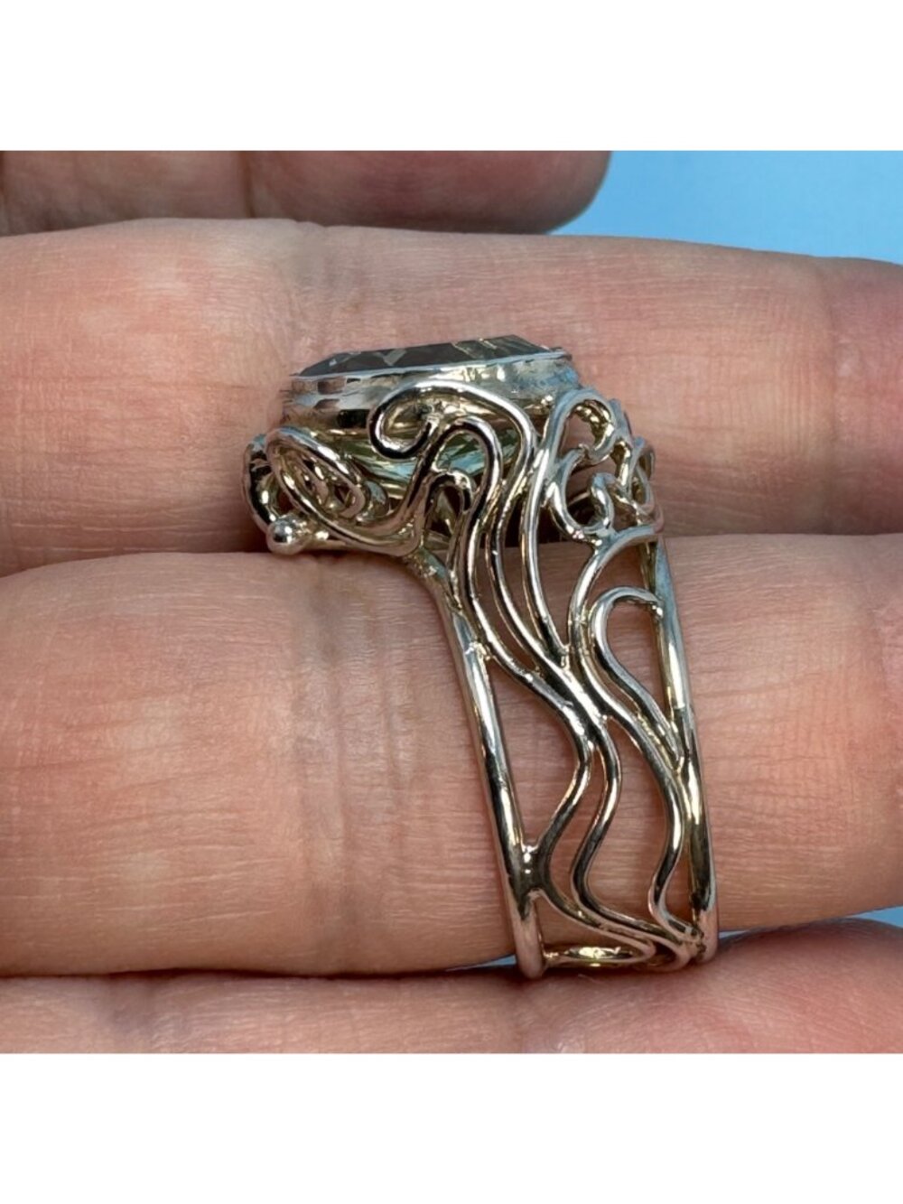 Handmade Topaz Bezel Set Filigree Design Band Sterling Silver 925 Ring Size 6.75 - Picture 6 of 11